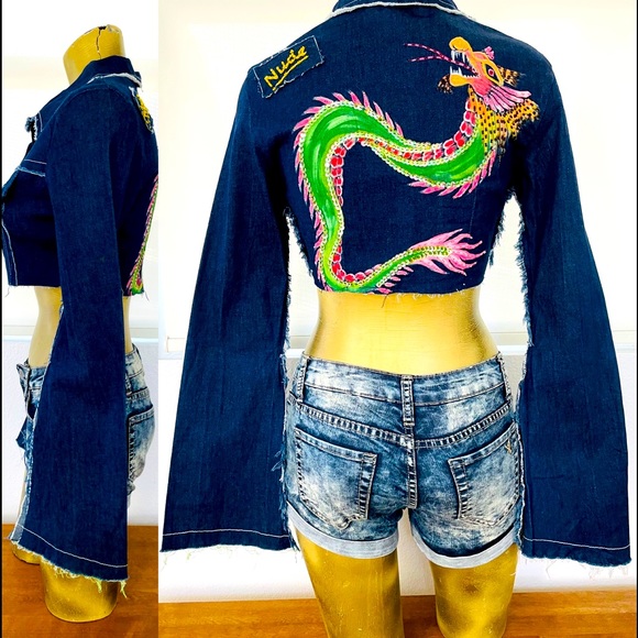 NWT $199 Vintage Y2K NUDE Los Angeles Sequin DRAGON Cropped JEAN JACKET M - Picture 2 of 16